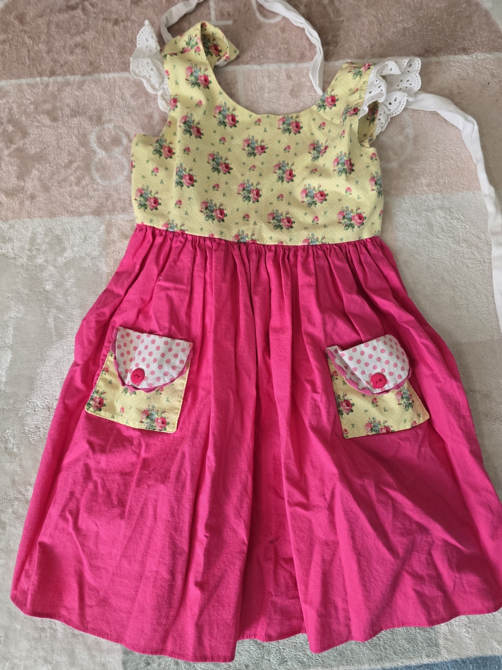 Girls Floral Yellow Bodice & Hot Pink Casual Dress with Pockets